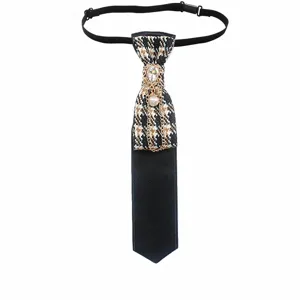 Pre-tied plaid tie with rhinestones, pearl chain and houndstooth pattern for stylish outfits.