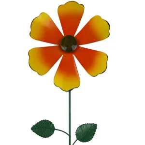 Metal flower garden stake detail showing vibrant orange gradient petals and green stem.