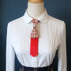 Preppy style plaid necktie with rhinestone pearl chain detail for school uniform shirt accessory
