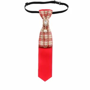 Pre-tied plaid necktie with rhinestone pearl chain vintage British style red tie for adults.