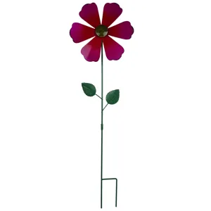 Metal flower garden stake detail view, purple petal ornament for yard lawn landscape decor.