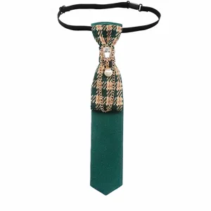 Pre-tied plaid necktie for women and men, vintage green tie with rhinestones and pearl chains.