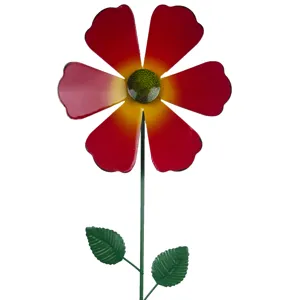 Metal garden flower stake detail close-up, red petal yard lawn landscape decoration.