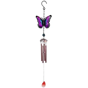 Carillon à vent papillon en métal décoration suspendue jardin maison, art peint violet bleu vif.
