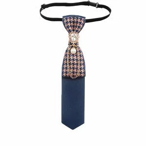 Pre-tied houndstooth necktie with rhinestone pearl chain accessory, academy style british plaid tie.