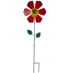 Metal garden flower stake with red petals and green stem, perfect for outdoor yard and lawn decoration.