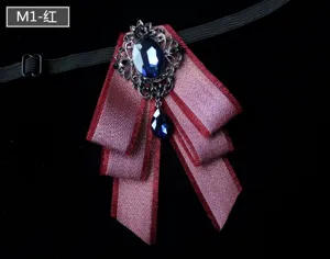 Vintage men's bow tie dark red layered ribbon crystal brooch formal suit wedding accessory.