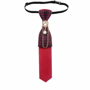 British plaid pre-tied small necktie detail showcasing retro rhinestone and pearl hanging chain accent.