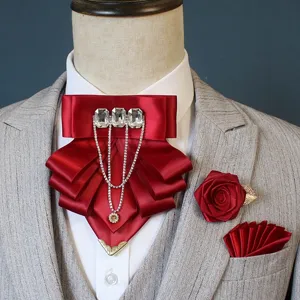 Prachtige set rode satin vlinderdas broche en pochet voor heren pak detail weergave foto.