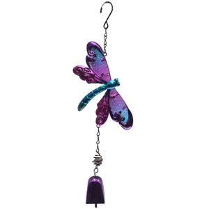 Exquisite metal dragonfly wind chime detail showing vibrant purple and blue painted wings.