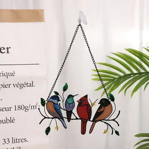 Stained glass metal birds branch window hanging decoration with suction cup for home decor