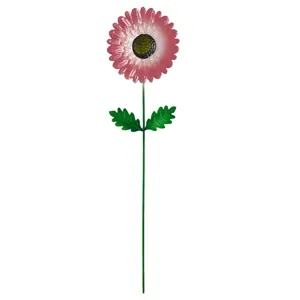 Iron flower garden stake detail showing pink petals and green stem for outdoor decoration.