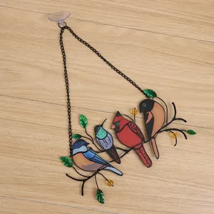 Stained glass style 4 birds window hanging suncatcher with metal chain and suction cup decor.