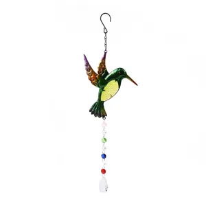 Hummingbird suncatcher crystal pendant, colorful glass metal wind chime detail hanging.