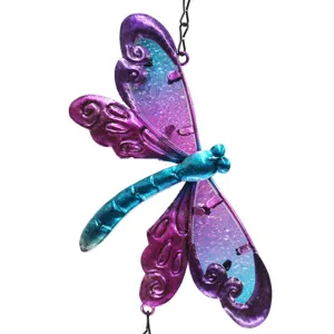 Metal and glass dragonfly wind chime, colorful painted hanging ornament for home decor detail view