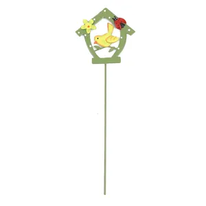 Metal garden plant stake with cute birdhouse and ladybug decor, ideal for flower pots.