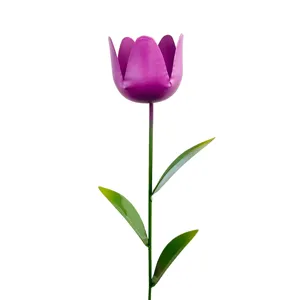 Metal tulip garden stake close-up, purple flower and green stem detail for outdoor decor.
