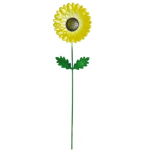 Metal sunflower garden stake detail, vibrant yellow flower with green stem for outdoor decor.