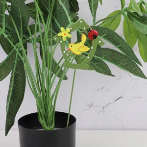 Metal garden plant stake detail view, green house shape with bird and ladybug decor for pots.