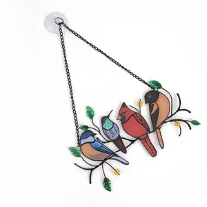 Stained glass metal four birds suncatcher hanging window decor with chain and suction cup.