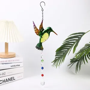 Detail view of the colorful hummingbird crystal suncatcher pendant with sparkling crystal beads.