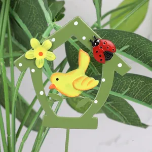 Metal garden stake plant pot decor cute bird ladybug ornament mini landscape bonsai accessory