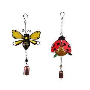 Metal bee ladybug wind chimes stained glass hanging garden decoration ornaments set of 2