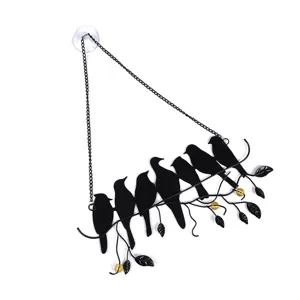 Metal bird window hanging with chain suction cup, black silhouette art suncatcher decor.