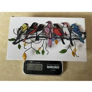 Stained glass metal 7 birds hanging suncatcher window decor art sculpture ornament detail.