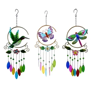Metal Hummingbird Butterfly Dragonfly Wind Chime Colorful Glass Pendants Iron Art Hanging Ornament For Garden Home Decor