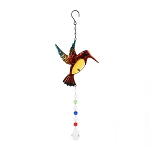 Metal hummingbird suncatcher crystal wind chime hanging decor for garden window ornament.