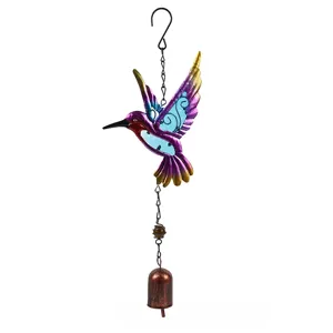 Metal hummingbird wind chime with colorful painted glass design for garden decor hanging ornament.