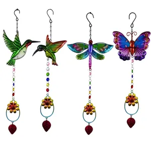 Acchiappasole in Cristallo Decorazione da Giardino Colibrì Libellula Farfalla Ornamento Sospeso Con Perline Colorate e Catena di Fiori in Metallo
