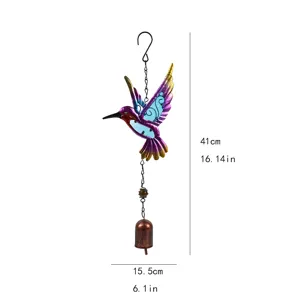 Metal hummingbird wind chime detail showing size 41cm height and 15.5cm width for garden decor.