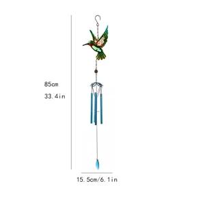 Metal hummingbird wind chime garden hanging decor with painted glass and blue tubes