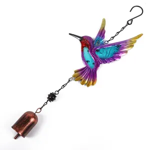Metal hummingbird wind chime hanging decor with colorful glass painting for garden yard.