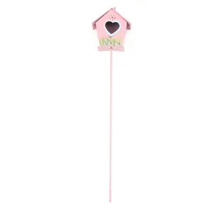 Pink metal birdhouse garden stake plant insert ornament for potted plants outdoor decor