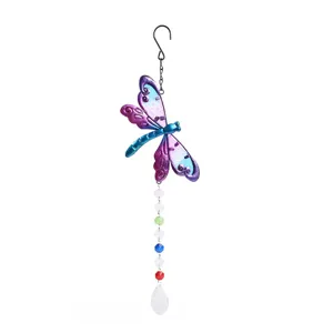 Dragonfly crystal suncatcher detail view, colorful beaded hanging ornament for garden and window.