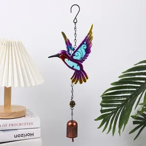 Metal hummingbird wind chime detail, colorful painted glass garden hanging decor.