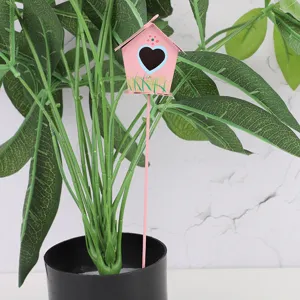 Metal pink heart birdhouse plant stake for potted flower pots and garden micro landscape decor.