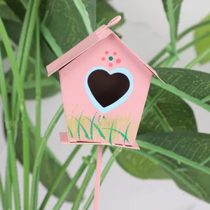 Pink metal birdhouse garden stake plant pot insert miniature landscape floral decoration accessory