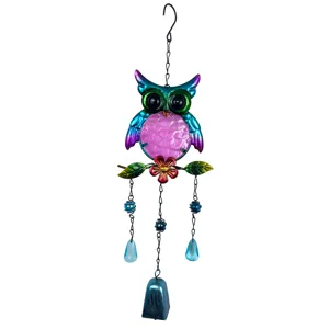 Colorful metal glass owl wind chime hanging ornament for garden patio yard home decor item