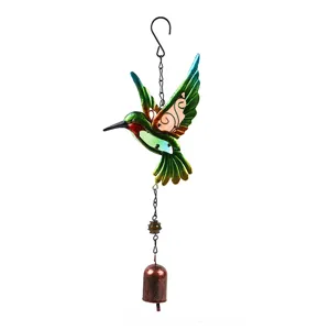 Detailed view of the metal hummingbird wind chime, showcasing colorful glass painting.
