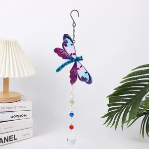 Dragonfly crystal suncatcher pendant for garden and home window decor with rainbow beads.
