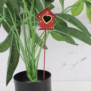 Red metal birdhouse garden stake decorative plant insert for pot outdoor indoor yard decor