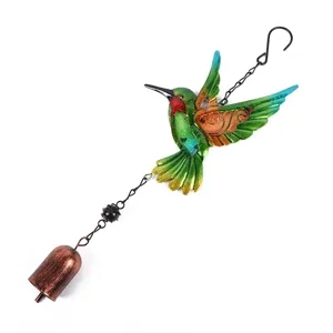 Metal hummingbird wind chime hanging decor, colorful painted garden pendant for yard patio detail.