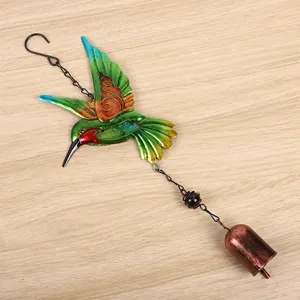 Metal hummingbird wind chime hanging pendant for garden yard decor, colorful painted craft.