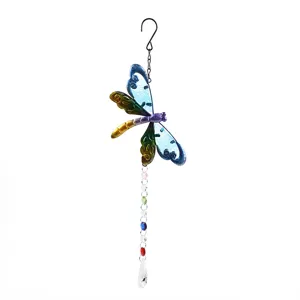 Detailed view of colorful crystal dragonfly hanging suncatcher ornament with hanging hook.