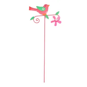 Metal garden stake plant pot insert cute pink bird micro landscape floral decor accessory item