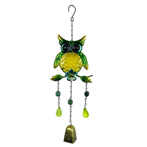 Metal and glass painted owl wind chime hanging ornament for garden yard outdoor decor.